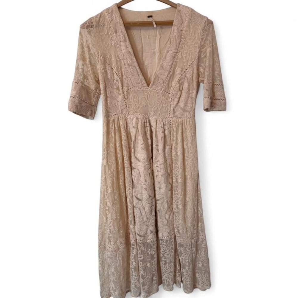 Free People Cream Lace Embroidered Midi Dress - Size 10